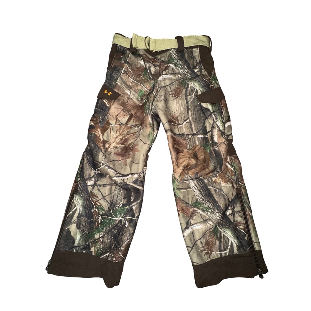 Under Armour Pants Boys Med Brown Youth Camouflage Real Tree Fleece Lined Cargo - Picture 1 of 12